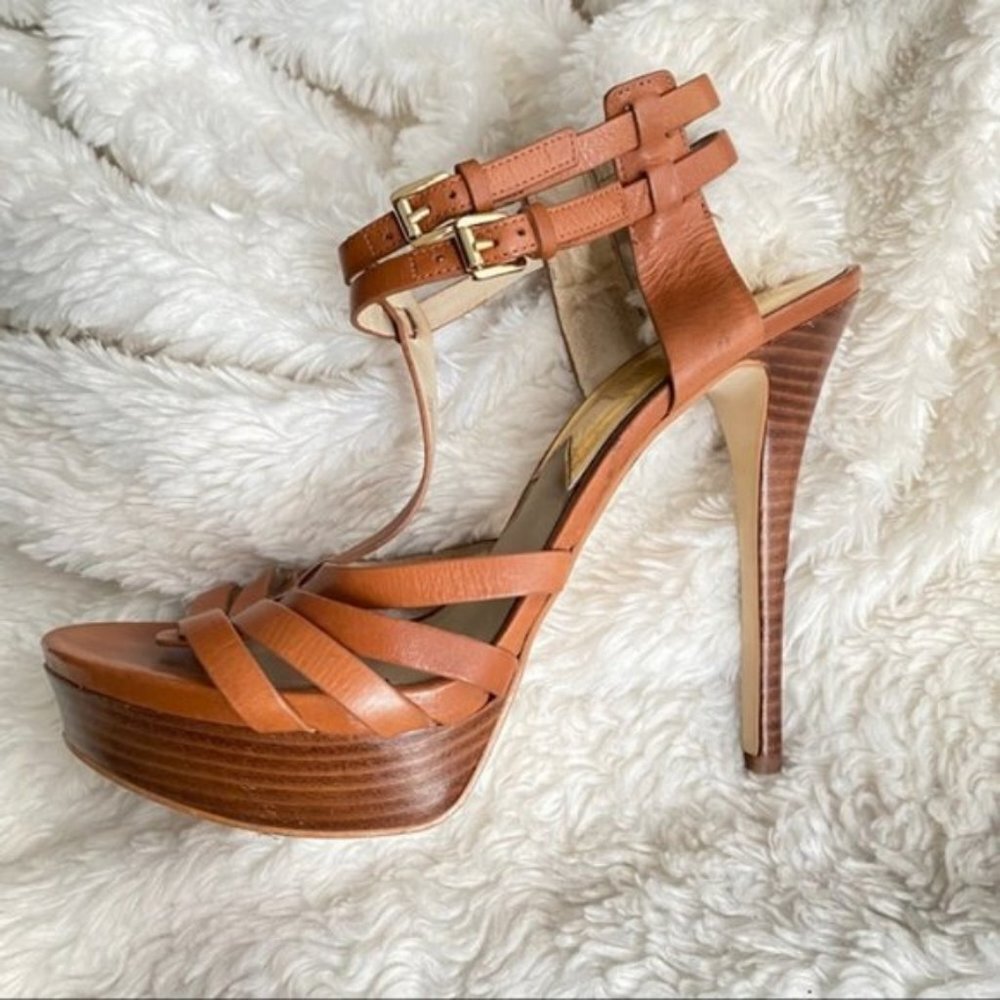 Michael Kors Tan Leather Platform Heels Strappy Sandals Size 10 - Picture 9 of 16